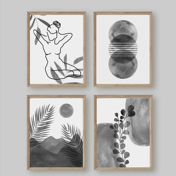 Boho Wall Art Set, Mid Century Modern Prints, Living Room Decor, Bedroom Art print, Abstract Minimalist Black and Grey Art